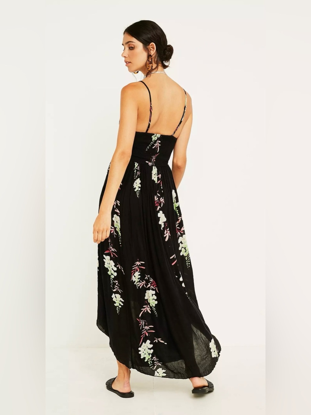 Free People Black Floral Smocked Maxi Dress with Spaghetti Straps - Picture 3 of 11